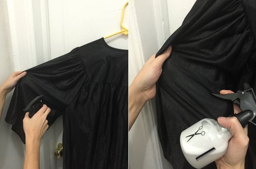 Spraying the back of a graduation gown
