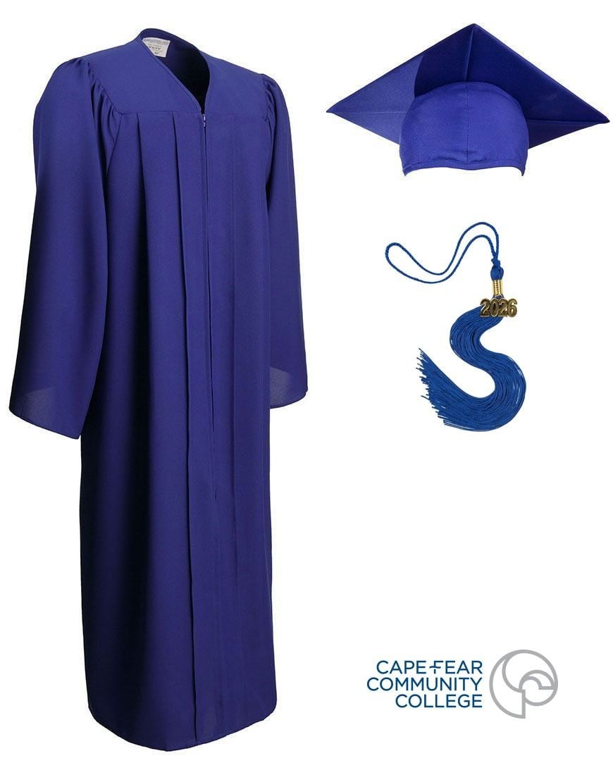 Cape Fear Community College Royal Blue Matte Graduation Cap, Gown & Tassel