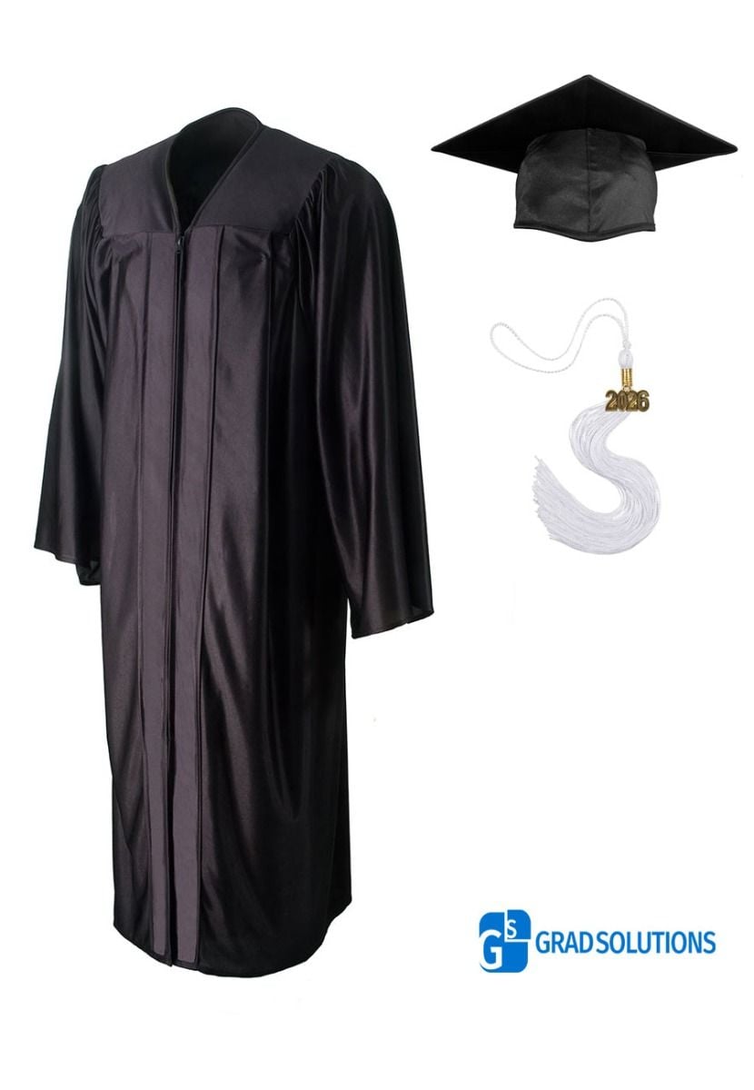 Graduation Solutions Black Shiny Graduation Cap, Gown & Tassel