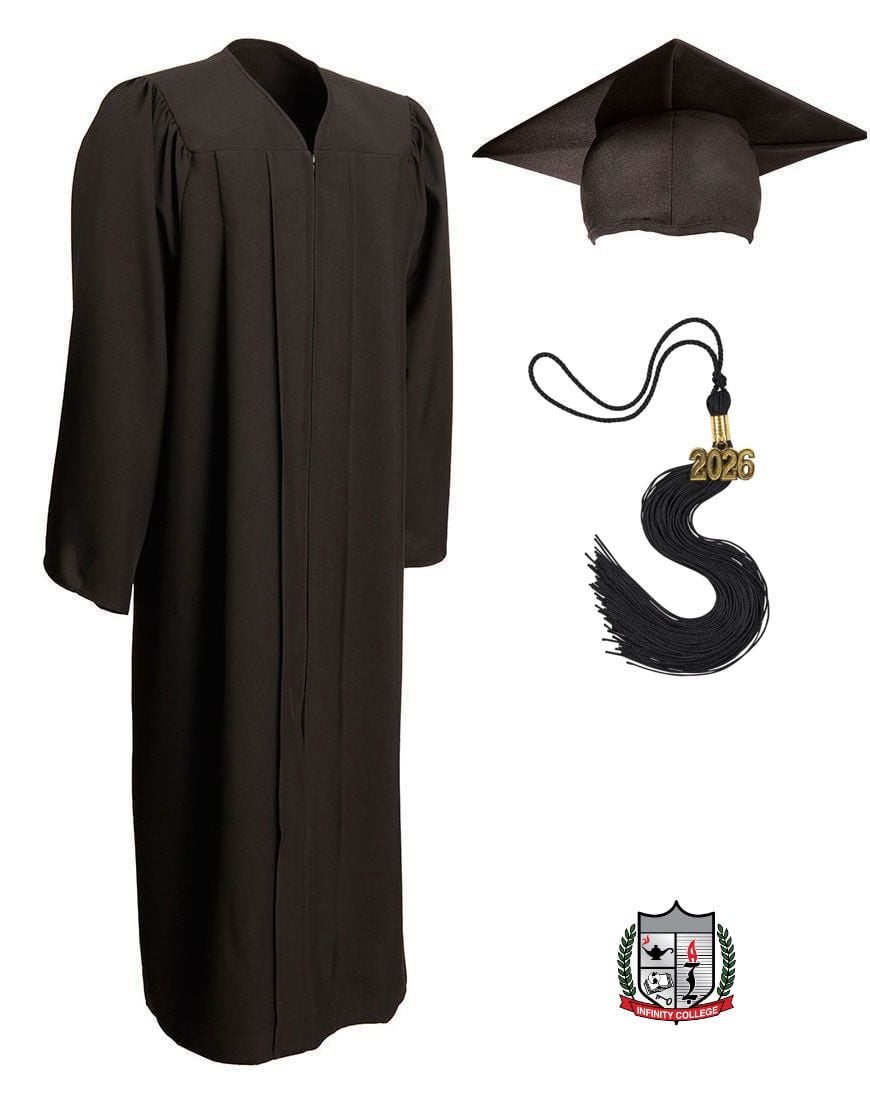 Infinity College Black Matte Graduation Cap, Gown, & Tassel