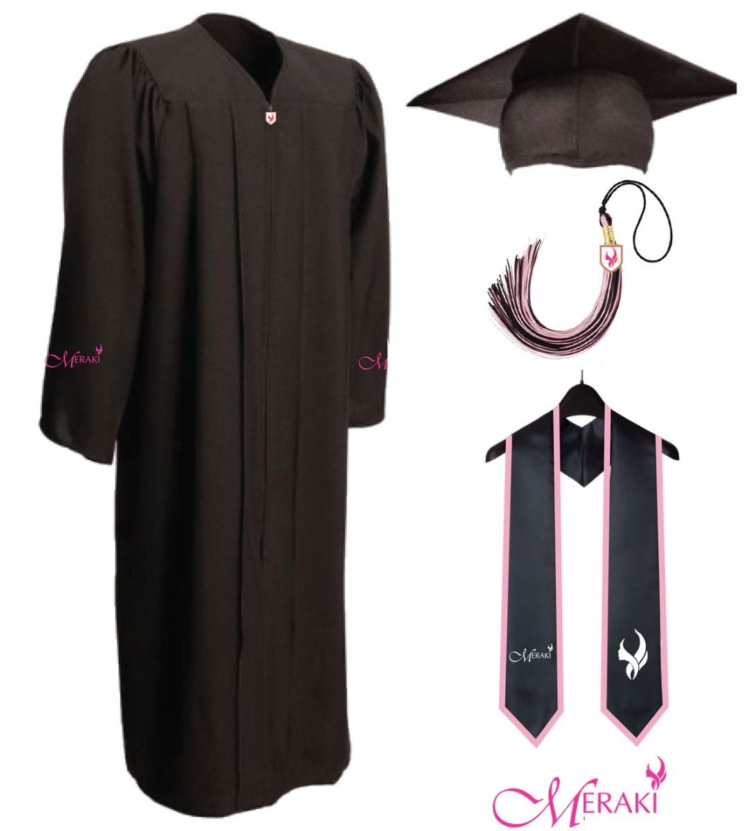 Meraki Black Matte Graduation Cap, Gown, Tassel & Stole