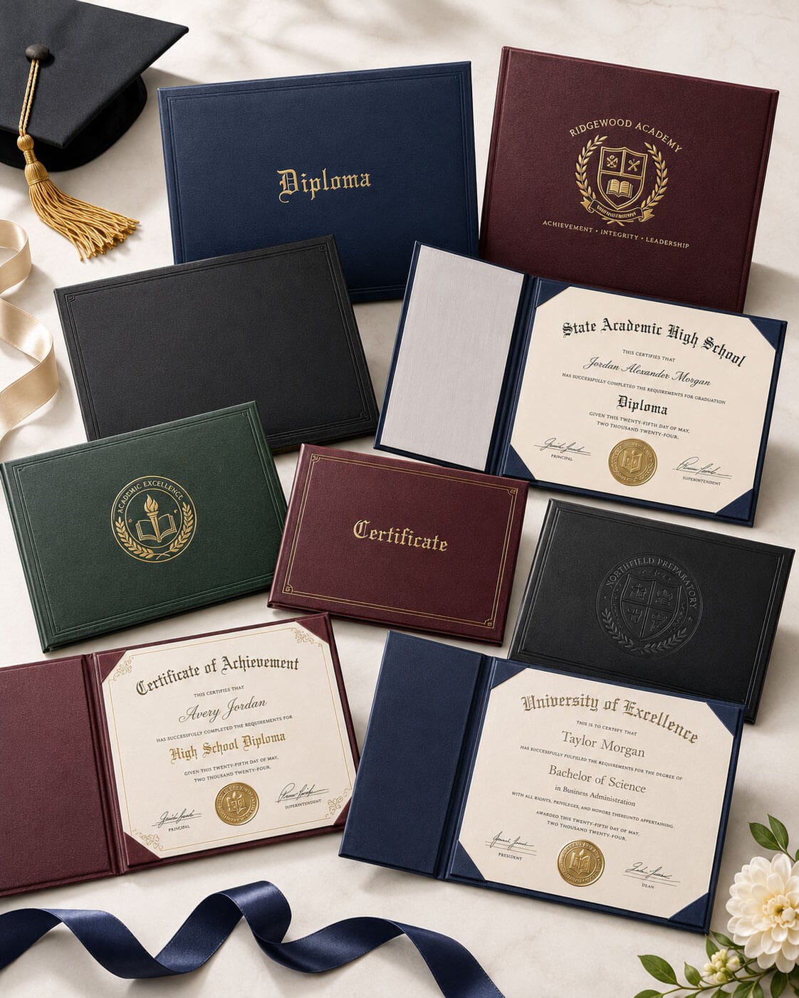 Plain, imprinted and custom diploma covers and certificate holders