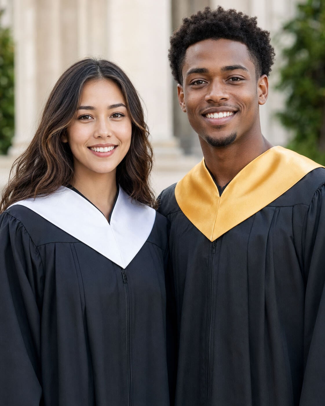 Gold and white graduation collars positioned over graduation gowns