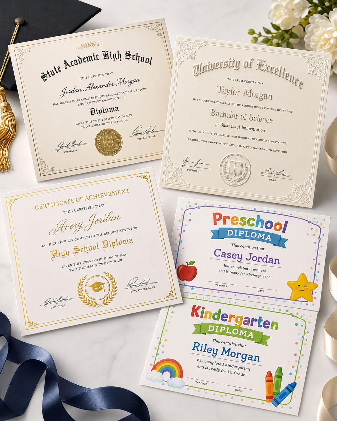 Custom, stock and early-childhood graduation diploma styles