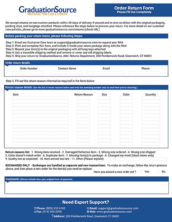 GraduationSource Returns Form - PDF thumbnail